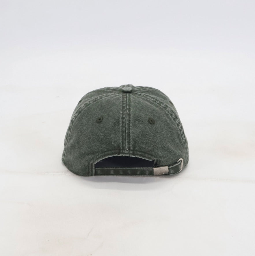 OneFaze Heritage Washed Cap in Olive Green, back view with adjustable strap
