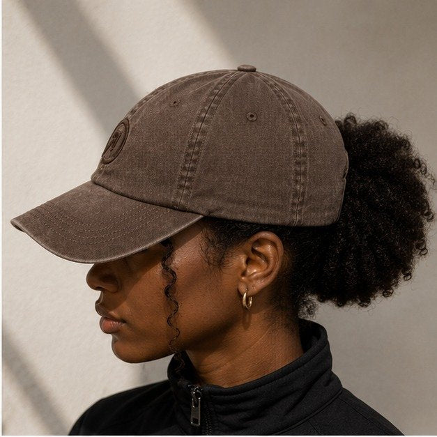 OneFaze Heritage Washed Cap Brown — worn by a model, side profile