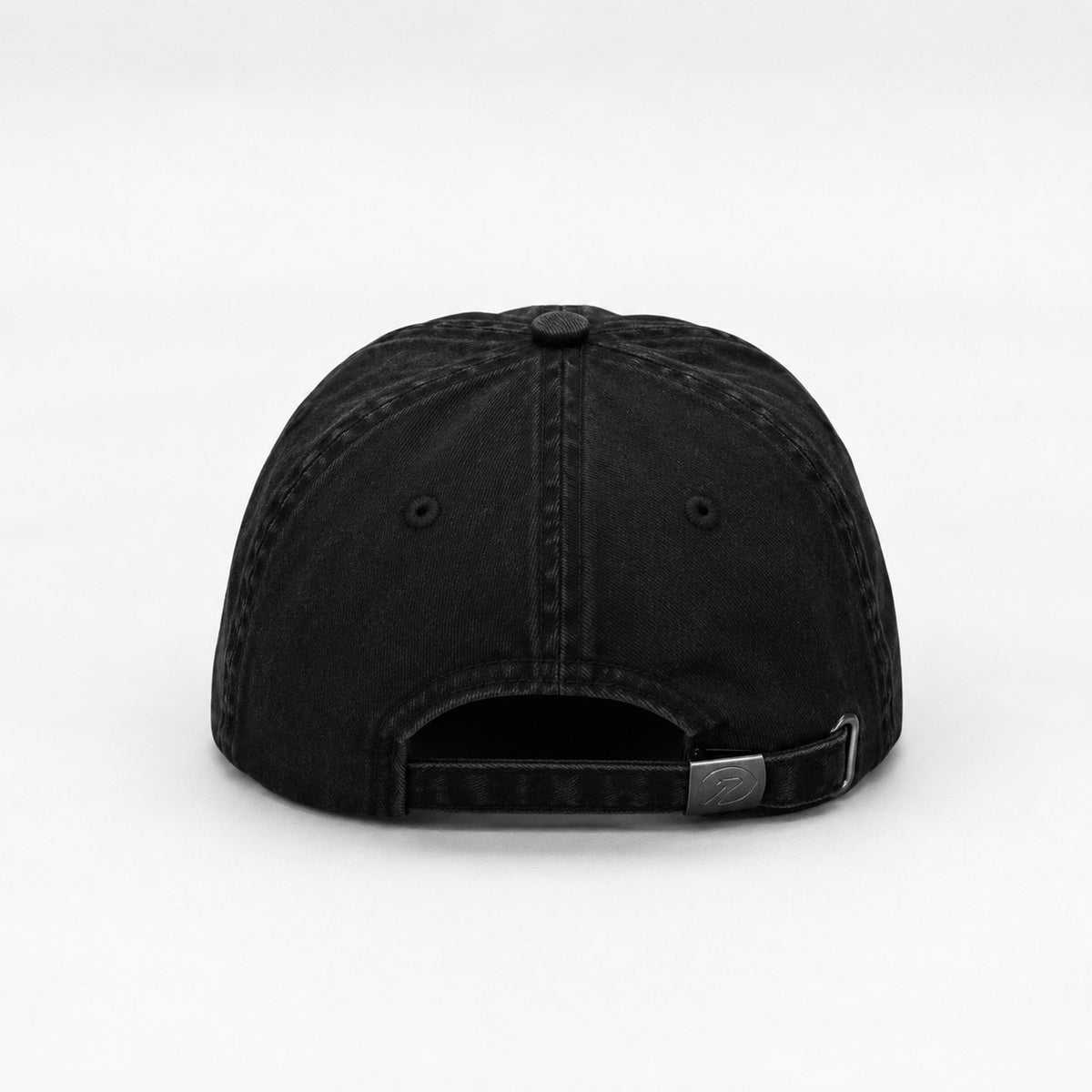 Back — Charcoal Black Heritage Washed Cap with brushed-metal adjustable buckle