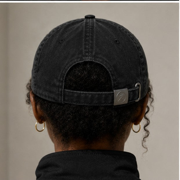 Worn back — Charcoal Black Heritage Washed Cap strap and buckle detail
