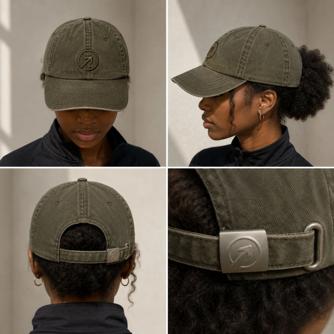 Model wearing the OneFaze Heritage Washed Cap in Olive Green