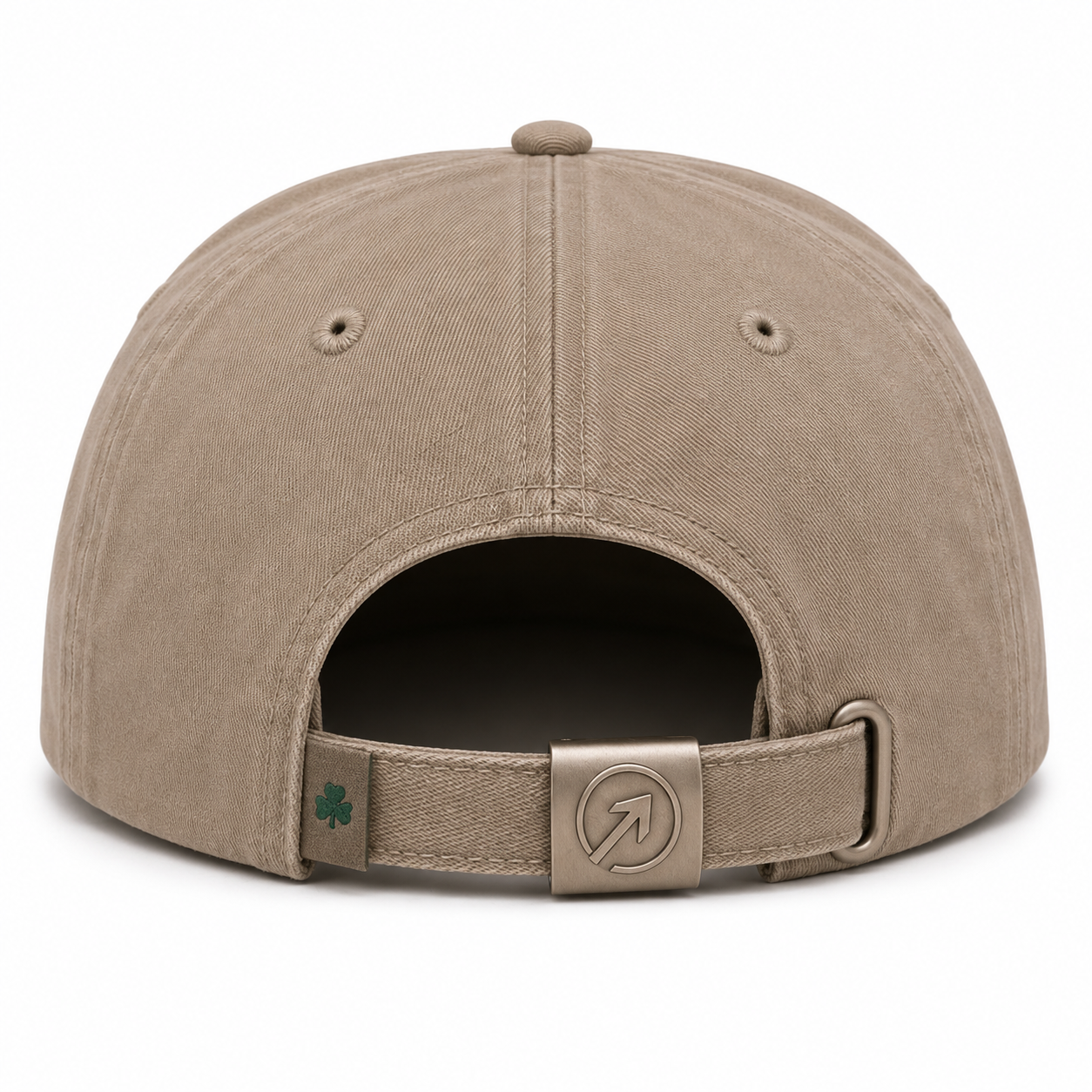 OneFaze St. Patrick Edition Oatmeal & Clover cap — back, clover tag and metal buckle