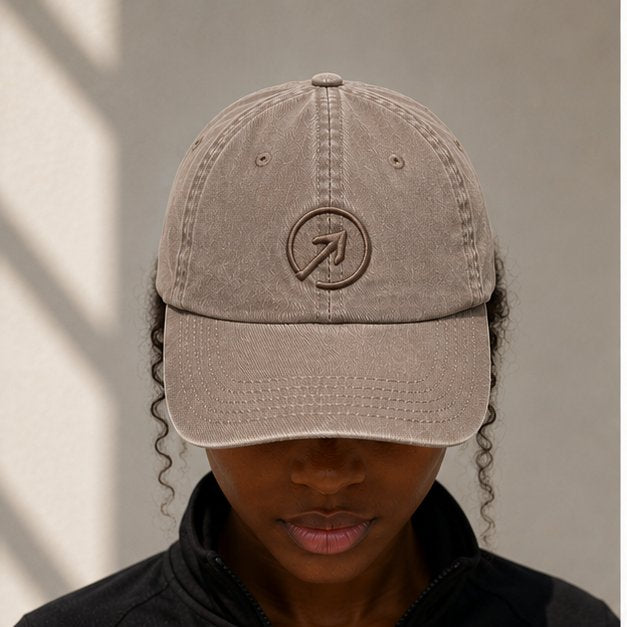 OneFaze Heritage Washed Cap Taupe — worn by a model, front