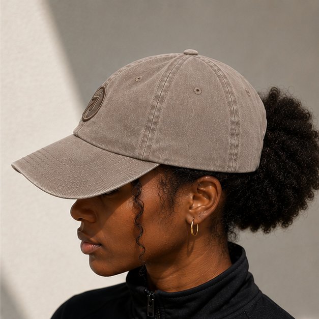 OneFaze Heritage Washed Cap Taupe — worn by a model, side profile